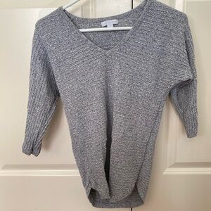 New York & Company Ribbed V-Neck Sweater XS Heathered Gray 3/4 Sleeve Knit